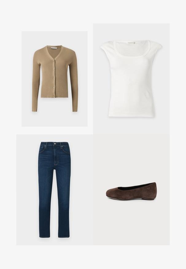 Beige värillinen ribbineulottu neuletakki V-aukolla, pitkillä hihoilla ja viidellä napilla edessä.; Valkoinen ribbineulottu hihaton toppi, jossa on pyöreä pääntie ja pienet olkatoppaukset, esillä yksivärisellä vaalealla taustalla.; Tummansiniset suoralahkeiset farkut, joissa viisi taskua ja metallinen napin suljin. Sileä pinta, jossa jalassa hillityt haalistumat.; Ruskea mokkainen matalakorkoinen kenkä pyöreällä kärjellä, sivuprofiili yksinkertaisella vaalealla taustalla.