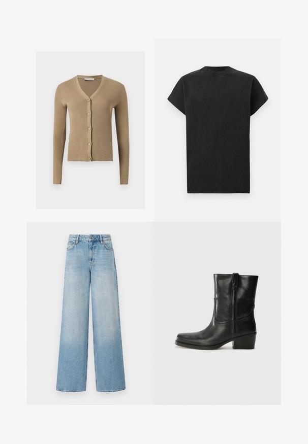 Beige ribstrikket cardigan med V-hals, lange ærmer og fem knapper foran.; Sort T-shirt med korte ærmer, rund hals og afslappet pasform, ensfarvet design og ribbet krave på hvid baggrund.; Lyseblå brede jeans med høj talje, der har falmede ben, bæltestropper og traditionel metalknap samt lynlås lukning.; Sort læder ankelstøvle med rundt tå, blokhæl, lynlås i siden og stikninger på vampsiden. Glat tekstur, klassisk design.