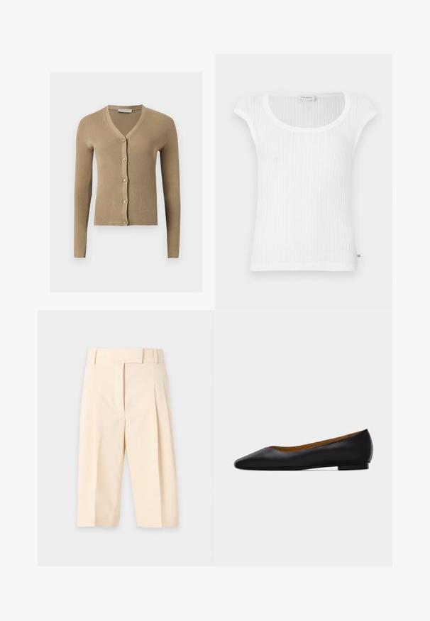 Cardigan beige en maille côtelée avec encolure en V, manches longues et cinq boutons à l'avant.; Débardeur blanc côtelé avec un col rond et des manches courtes, confectionné dans une texture douce avec une étiquette de marque discrète à l'ourlet.; Pantalon cropped beige taille haute avec passants de ceinture, plis à l'avant et fermeture avant dissimulée.; Chaussure plate en cuir noir à bout pointu avec talon bas et finition lisse, vue de côté sur un fond gris clair.