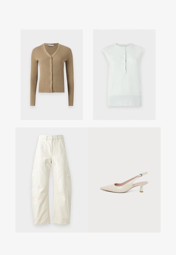 Beige geribbelde gebreide cardigan met V-hals, lange mouwen en vijf knopen aan de voorkant.; Mouwloze witte gebreide top met geribde kraag en zoom, voorzien van een knoopsluiting aan de voorkant met vijf knopen.; Beige cargobroek met een losse pasvorm, voorzien van meerdere opgestikte zakken, een ritsluiting en een gestructureerde afwerking. Gemaakt van duurzaam katoen.; Crèmekleurige slingback met puntige neus, kleine gebogen kittenhak en verstelbare gespband.