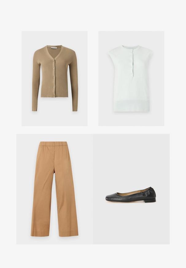 Cardigan beige en maille côtelée avec encolure en V, manches longues et cinq boutons à l'avant.; Top blanc en maille sans manches avec col et ourlet côtelés, doté d’une patte de boutonnage avant avec cinq boutons.; Pantalon beige à jambes larges avec taille élastique, sans poches ni fermetures visibles, présenté sur un fond clair uni.; Ballerines en cuir noir avec un bout arrondi et des coutures minimales. Talon bas et rectangulaire avec une texture lisse. Détails subtils de doublure intérieure.