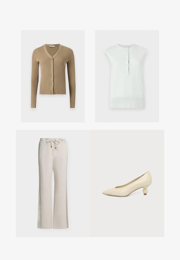 Cardigan beige en maille côtelée avec encolure en V, manches longues et cinq boutons à l'avant.; Top blanc en maille sans manches avec col et ourlet côtelés, doté d’une patte de boutonnage avant avec cinq boutons.; Pantalon beige clair à jambes larges avec taille élastique et cordon, poches latérales et détails subtils de coutures.; Chaussure femme couleur crème à bout pointu avec un petit talon rond en forme de boule, sur fond uni.