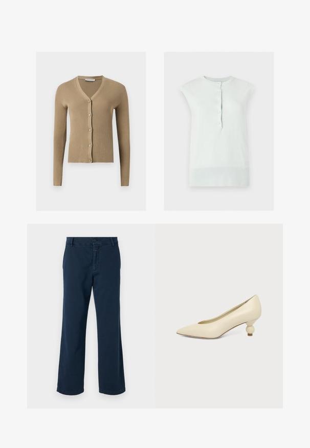 Beige Rippenstrick-Cardigan mit V-Ausschnitt, langen Ärmeln und fünf vorderen Knöpfen.; Ärmelloses weißes Stricktop mit geripptem Kragen und Saum, vorne mit einer Knopfleiste mit fünf Knöpfen.; CLOSED SERANDON - Stoffhose - dark night; Damenpumps in cremefarben mit spitz zulaufender Schuhspitze und niedrigem, kugelförmigem Absatz vor einfarbigem Hintergrund.