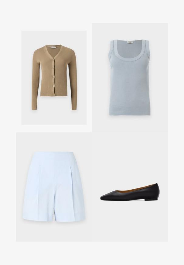 Cardigan beige en maille côtelée avec encolure en V, manches longues et cinq boutons à l'avant.; Débardeur sans manches bleu clair côtelé avec encolure dégagée et étiquette Drykorn au niveau de l'arrière du col, posé à plat sur une surface blanche.; Shorts en tissu texturé bleu clair avec taille haute, plis devant et larges ourlets sur un fond uni.; Chaussure plate en cuir noir à bout pointu avec talon bas et finition lisse, vue de côté sur un fond gris clair.