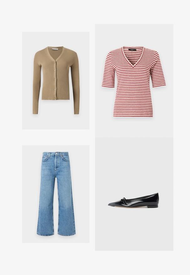 Cardigan beige en maille côtelée avec encolure en V, manches longues et cinq boutons à l'avant.; Chemise à manches courtes avec des rayures horizontales rouges et blanches et un col en V, présentée sur un fond blanc.; Jean en denim bleu clair taille haute à jambes larges avec bouton devant et poches, présenté sur un fond blanc uni.; Chaussure plate en cuir verni noir avec un bout pointu, une petite lanière décorative et un petit talon carré. Texture lisse et design épuré.