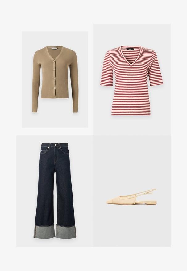 Cardigan beige en maille côtelée avec encolure en V, manches longues et cinq boutons à l'avant.; Chemise à manches courtes avec des rayures horizontales rouges et blanches et un col en V, présentée sur un fond blanc.; Jean denim bleu foncé à jambes larges avec revers roulés montrant un tissu intérieur plus clair et une fermeture par bouton argenté.; Chaussure plate slingback en beige clair avec une tige en maille, un bout pointu et un petit talon. Dotée d'une sangle ajustable pour un bon maintien.