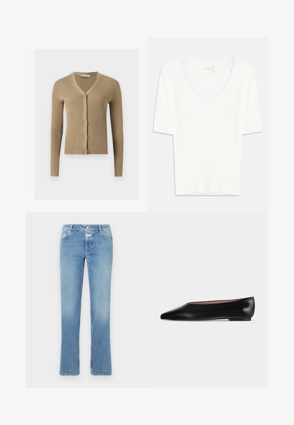 Beige ribstrikket cardigan med V-hals, lange ærmer og fem knapper foran.; Hvid kortærmet T-shirt med rund halsudskæring. Fremstillet af blødt bomuldsstof, har den en afslappet pasform og minimalistisk design.; Blå denim jeans med lige ben design, medium taljehøjde, fem lommer og subtil fading i hele stoffet.; Sort damesko i læder med flad hæl og spids tå, vist fra siden på en ensfarvet lys grå baggrund.