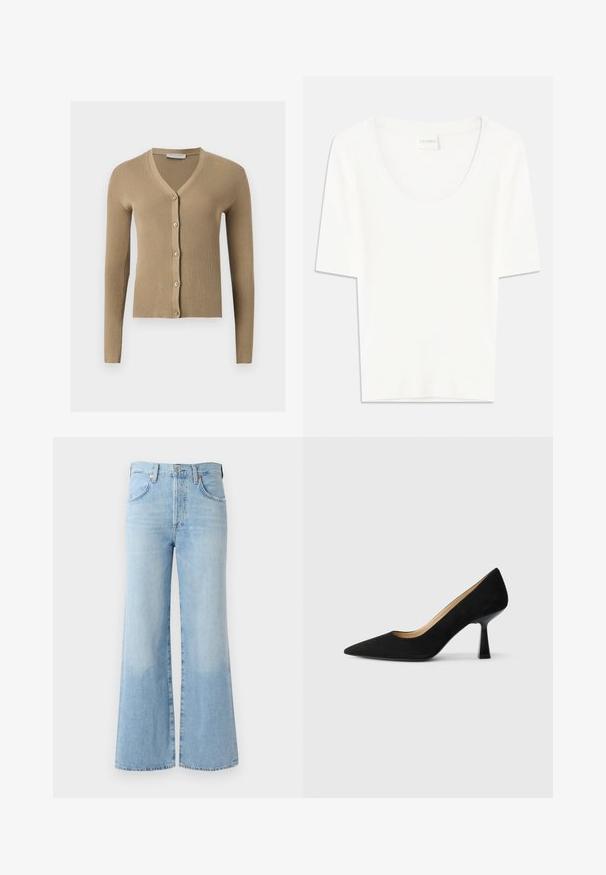Beige geribbelde gebreide cardigan met V-hals, lange mouwen en vijf knopen aan de voorkant.; Witte T-shirt met korte mouwen en een ronde hals. Gemaakt van zacht katoen, heeft het een comfortabele pasvorm en een minimalistisch ontwerp.; Lichtblauwe flared jeans van denim met een hoge taille, vijf zakken en subtiele vervaging bij de zoom. Voorzien van een standaard tailleband en knoopsluiting.; Zwarte suède high-heeled pump met een spitse neus, voorzien van een glanzende zwarte blokhak en een gladde binnenvoering.