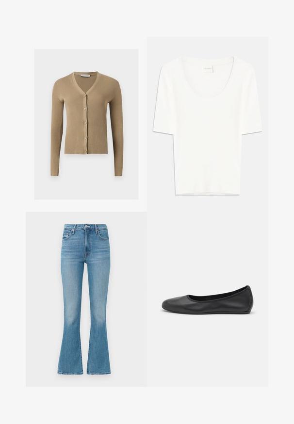 Beige ribstrikket cardigan med V-hals, lange ærmer og fem knapper foran.; Hvid kortærmet T-shirt med rund halsudskæring. Fremstillet af blødt bomuldsstof, har den en afslappet pasform og minimalistisk design.; Lysblå flagrende jeans lavet af denim, med høj talje, fem-lomme design og minimalistisk syning med en falmet finish i kanten.; Sort læderballetsko med rund tå, glat tekstur, minimal syning og et fleksibelt såldesign.