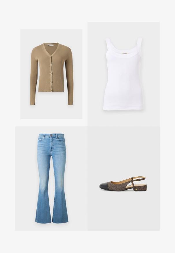Beige geribbelde gebreide cardigan met V-hals, lange mouwen en vijf knopen aan de voorkant.; Wit geribd tanktopje met brede schouderbanden en een ronde halslijn, weergegeven op een effen lichte achtergrond.; Lichtblauwe high-waisted spijkerbroek met uitlopende pijpen en klassiek ontwerp met vijf zakken tegen een effen achtergrond.; Slingback schoen met een bruine gestreepte stoffen bovenkant en een zwarte leren neus. Heeft een kleine blokhak en een gespstrap.
