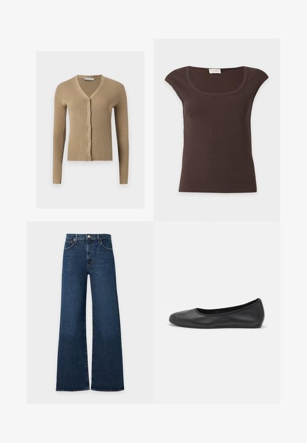 Cardigan beige en maille côtelée avec encolure en V, manches longues et cinq boutons à l'avant.; Top côtelé marron foncé à manches courtes et encolure arrondie avec une petite étiquette en tissu au niveau du col sur fond blanc.; Jean en denim bleu foncé à jambes larges avec bouton à l'avant, fermeture éclair et design à cinq poches sur fond gris clair.; Ballerines en cuir noir avec un bout rond, texture lisse, détails de couture minimalistes et design de semelle flexible.