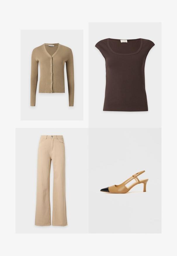Cardigan beige en maille côtelée avec encolure en V, manches longues et cinq boutons à l'avant.; Top côtelé marron foncé à manches courtes et encolure arrondie avec une petite étiquette en tissu au niveau du col sur fond blanc.; Pantalon beige taille haute, jambes larges, fermeture à boutons devant, poches avant et arrière, présenté sur fond blanc.; Escarpins slingback couleur fauve avec embout pointu noir, côtés découpés et talon bloc de hauteur moyenne. Matière en cuir lisse.