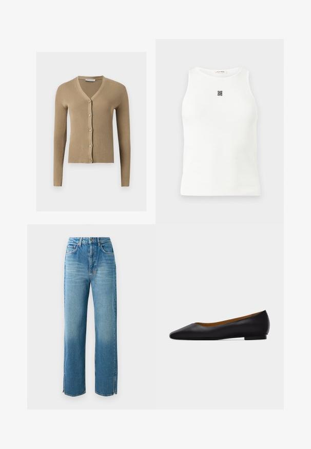 Beige geribbelde gebreide cardigan met V-hals, lange mouwen en vijf knopen aan de voorkant.; Wit geribd mouwloos tanktop met een ronde halslijn en een klein zwart geborduurd logo in het midden van de borst.; Lichtblauwe denim jeans met hoge taille, rechte pijpen en zijsplitten aan de onderkant. Beschikt over een traditionele vijf-pocketontwerp en knoopsluiting.; Zwarte leren puntschoen met lage hak en gladde afwerking, zijaanzicht op een lichtgrijze achtergrond.
