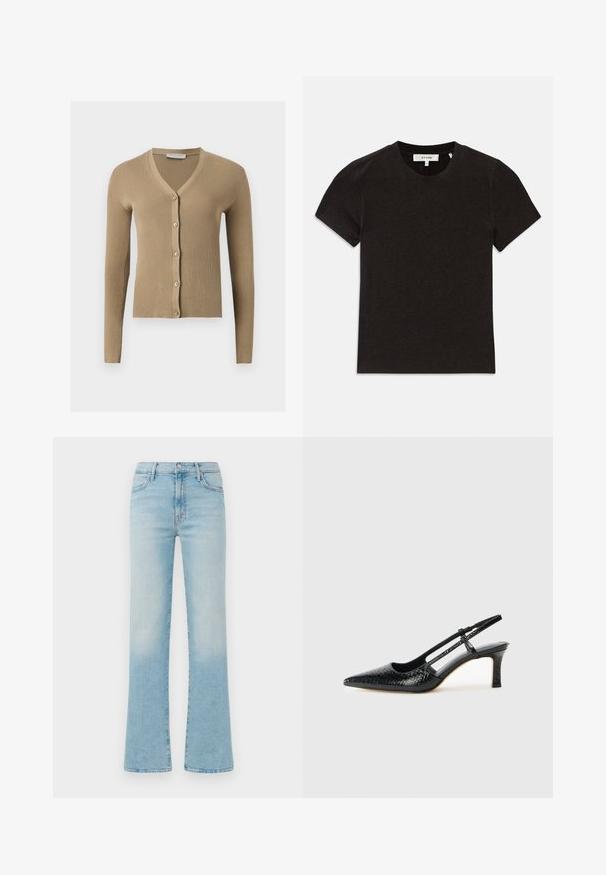 Cárdigan de punto beige acanalado con escote en V, mangas largas y cinco botones delanteros.; Camiseta negra de punto acanalado de manga corta con cuello redondo y etiqueta de marca visible en el cuello.; Jeans acampanados de color azul claro fabricados en denim, con una cintura alta, diseño de cinco bolsillos y un acabado desgastado para un efecto vintage.; Tacón slingback negro de charol con punta afilada, que presenta un estampado de serpiente texturizado, correa ajustable y un tacón bloque corto y texturizado.