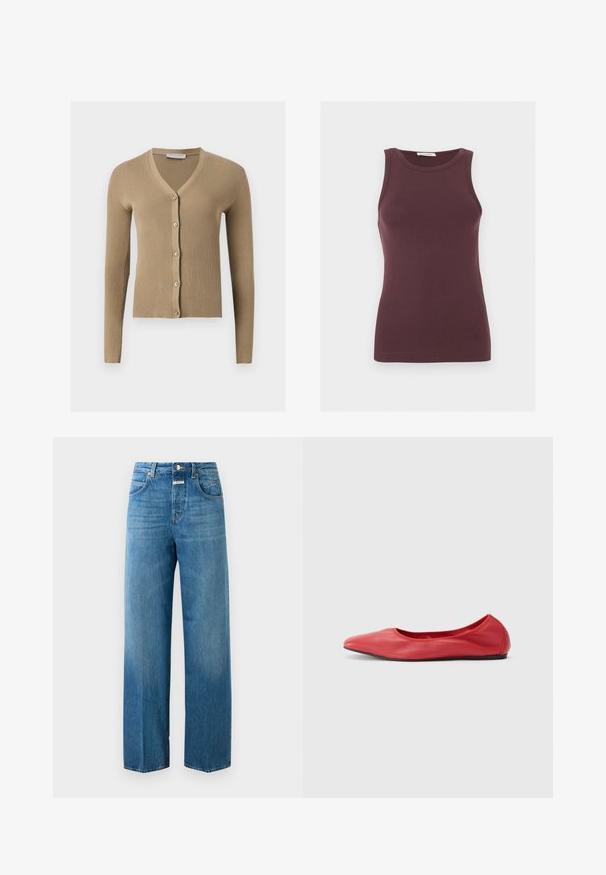 Beige ribstrikket cardigan med V-hals, lange ærmer og fem knapper foran.; Ærmeløs mørkelilla tætsiddende tanktop med rund halsudskæring og subtilt logo nær kanten, vist på en ensfarvet lys baggrund.; Højtaljede lige ben blå denim jeans med for- og baglommer, knaplukning og bæltestropper på en hvid baggrund.; Filippa K REY FLATS - Ballerinasko - bright red