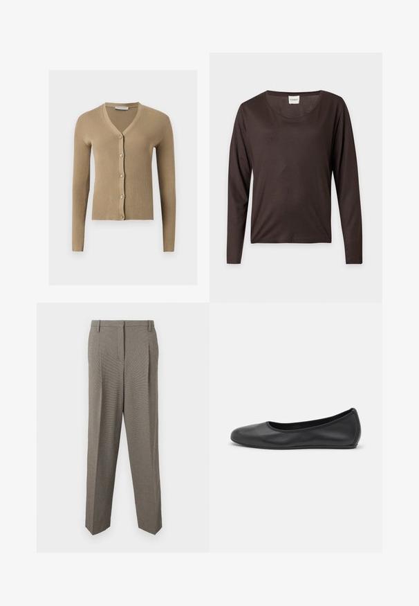 Cardigan beige en maille côtelée avec encolure en V, manches longues et cinq boutons à l'avant.; Chemise à manches longues marron foncé avec encolure ronde, ourlet droit et une petite étiquette blanche indiquant "CLOSED" à l’intérieur du col.; Pantalons taillés gris en tissu texturé, design à jambe droite, deux poches avant et une taille lisse.; Ballerines en cuir noir avec un bout rond, texture lisse, détails de couture minimalistes et design de semelle flexible.