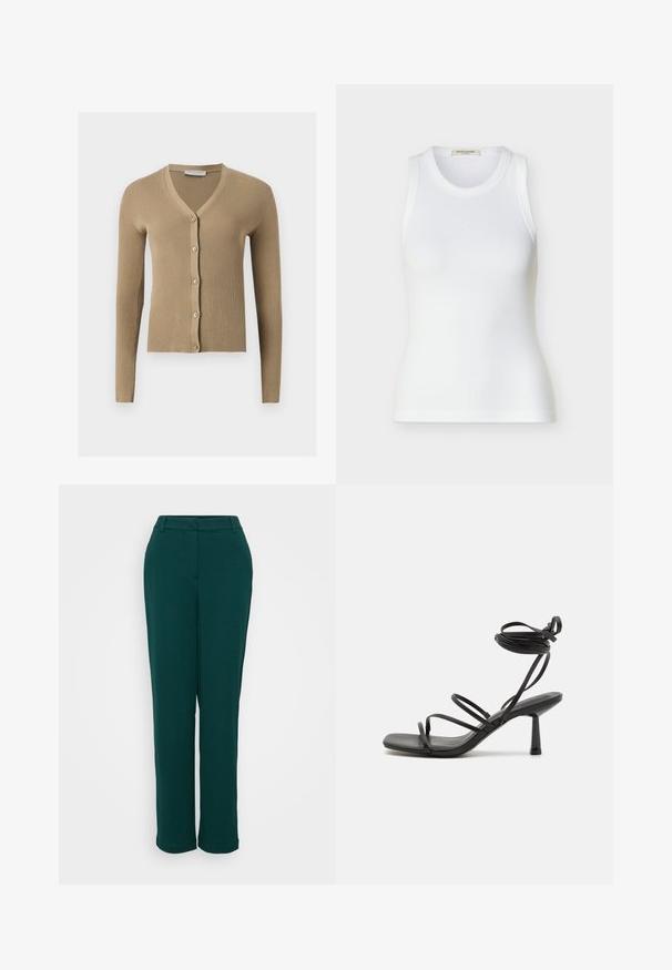 Cárdigan de punto beige acanalado con escote en V, mangas largas y cinco botones delanteros.; Camiseta sin mangas blanca con textura acanalada, escote redondo, ajuste ceñido y etiqueta de la marca Scotch & Soda en el interior del cuello.; Pantalones de tiro alto verdes con un diseño de pierna recta, fabricados con una tela suave, que cuentan con bolsillos frontales y una cinturilla discreta.; Sandalia negra de tiras con punta cuadrada, lazos ajustables en el tobillo y un tacón bloque delgado. Fabricada con un material suave y duradero.