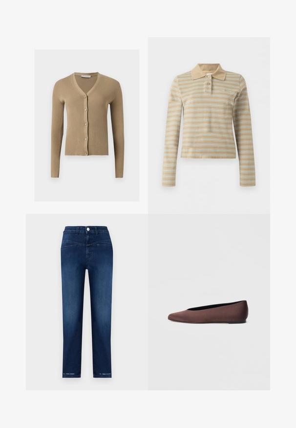 Cardigan beige en maille côtelée avec encolure en V, manches longues et cinq boutons à l'avant.; Polo beige à manches longues avec des rayures blanches horizontales et deux boutons sur le col.; Jean droit bleu foncé avec bouton frontal, couture visible et texte "PEDAL PUSHER" près de l'ourlet sur les deux jambes.; Ballerines en tissu marron avec un bout pointu et une texture lisse, dotées d'un talon bas et d'une fine semelle noire. Aucune motif ni élément métallique visible.