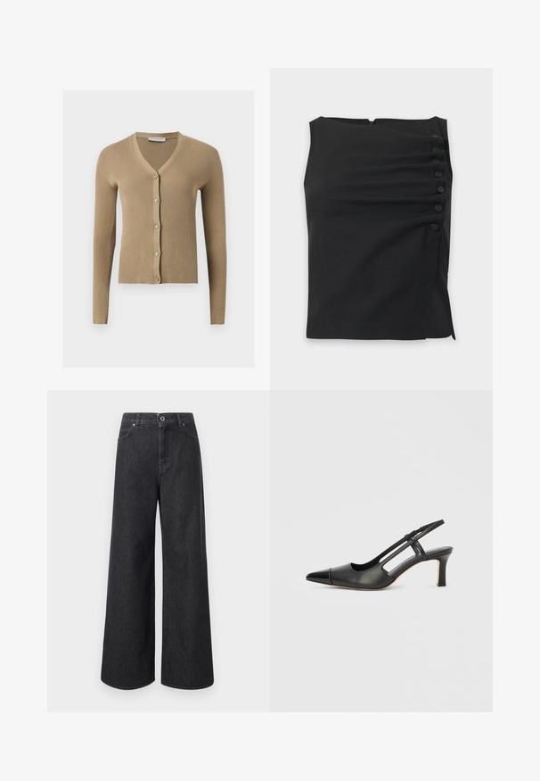 Cardigan beige en maille côtelée avec encolure en V, manches longues et cinq boutons à l'avant.; Blouse noire sans manches avec un col montant et six boutons recouverts de tissu disposés verticalement sur le côté droit.; Jean noir large à taille haute avec fermeture à boutons et fermeture éclair, poches avant et passants pour ceinture.; Chaussure à bride arrière en cuir noir avec bout pointu, dotée d'un accent brillant sur le bout et d'un talon de hauteur moyenne. Design latéral ouvert.