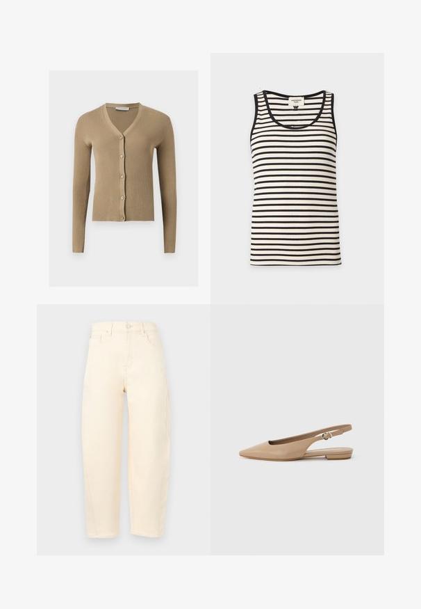 Cardigan beige en maille côtelée avec encolure en V, manches longues et cinq boutons à l'avant.; Débardeur côtelé sans manches avec des rayures horizontales noires et blanches et un passepoil noir autour de l'encolure et des emmanchures.; Jean droit crème taille haute avec poches avant et passants pour ceinture, présenté sur un fond uni.; Chaussure plate beige à bout pointu avec bride arrière et petit talon, équipée d'une sangle ajustable à boucle, sur un fond clair uni.