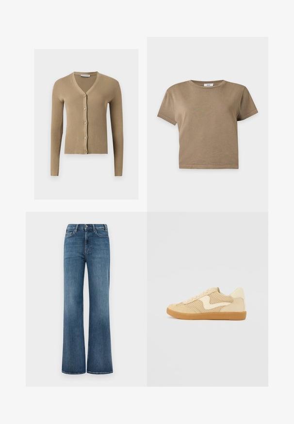 Beige Rippenstrick-Cardigan mit V-Ausschnitt, langen Ärmeln und fünf vorderen Knöpfen.; Einfarbiges braunes kurzärmeliges, bauchfreies T-Shirt mit rundem Ausschnitt auf hellgrauem Hintergrund.; Blaue Denim-Jeans mit weitem Beinansatz, Knopf- und Reißverschluss, sowie Vorder- und Gesäßtaschen, präsentiert auf einem schlichten weißen Hintergrund.; Beige Sneaker aus Wildleder und Mesh-Materialien, runde Form, auffälliger gepolsterter Kragen und eine Sohle aus Gummi. Verfügt über ein wellenförmiges Design-Highlight.