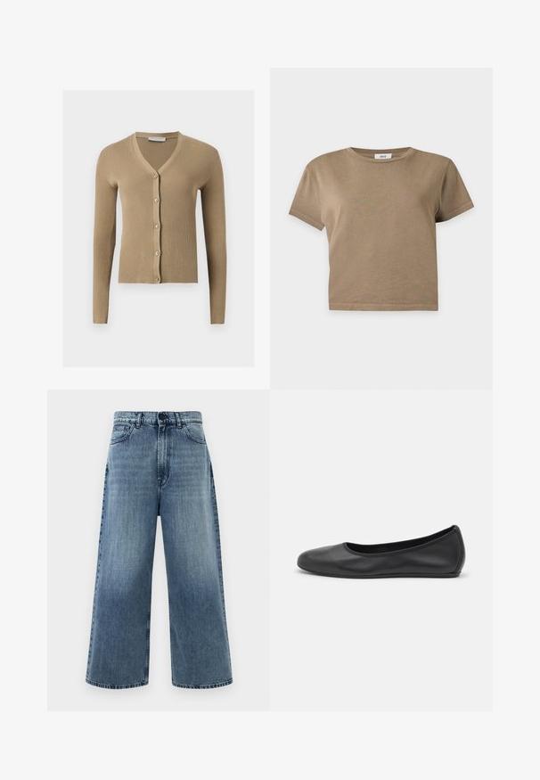 Beige geribbelde gebreide cardigan met V-hals, lange mouwen en vijf knopen aan de voorkant.; Effen bruine korte mouwen cropped t-shirt met ronde hals op een lichtgrijze achtergrond.; Lichtblauwe wijde jeans van denim, met een hoge taille, voorzakken en klassieke stiksels. Geen zichtbare versieringen.; Zwarte leren ballerina met een ronde neus, gladde textuur, minimale stikdetails en een flexibele zoolontwerp.