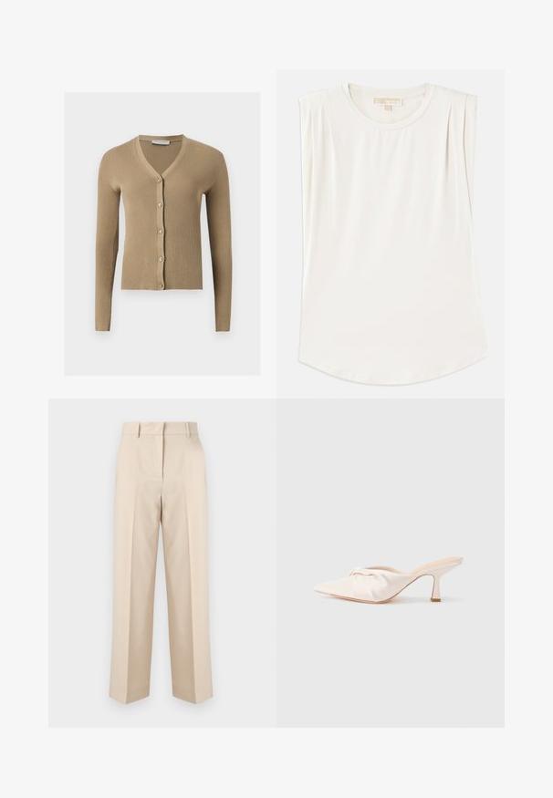 Beige ribbestrikket cardigan med V-hals, lange ermer og fem knapper foran.; Hvit ermeløs topp laget av glatt stoff, med rund hals og subtile plisseringer på skuldrene, samt en buet sømkant.; Beige, høytlivs skreddersydde bukser med beltehemper og rette ben, vist mot en ensfarget hvit bakgrunn.; Mulesko i lysebeige stoff med knutedesign foran, spiss tå og en slank, avsmalnende hæl. Jevn tekstur over hele skoen.