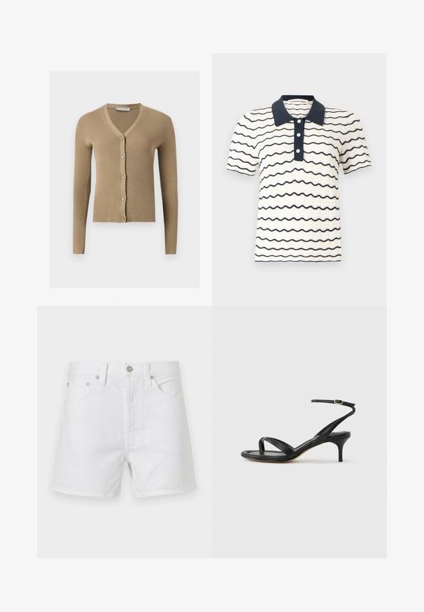 Cardigan beige en maille côtelée avec encolure en V, manches longues et cinq boutons à l'avant.; Polo en maille crème à manches courtes avec des rayures ondulées bleu marine, col bleu marine, patte de boutonnage et motif texturé subtil.; Short en denim blanc avec poches à l’avant, passants pour ceinture et fermeture par bouton métallique, présenté sur un fond uni.; Sandale pour femme en cuir noir avec fines lanières, une boucle d'orteil, une boucle à la cheville et un talon aiguille de hauteur moyenne sur un fond neutre.