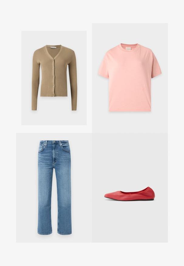 Beige värillinen ribbineulottu neuletakki V-aukolla, pitkillä hihoilla ja viidellä napilla edessä.; Vaaleanpunainen lyhythihainen T-paita, jossa pyöreä pääntie, suora malli ja pieni sävyyn brodeerattu logo lähellä helmaa.; Kes jeans denim biru tengah, lurus, dengan pinggang tinggi, kancing depan, dan gaya lima kantong di latar belakang polos.; Filippa K REY FLATS - Ballerinat - bright red