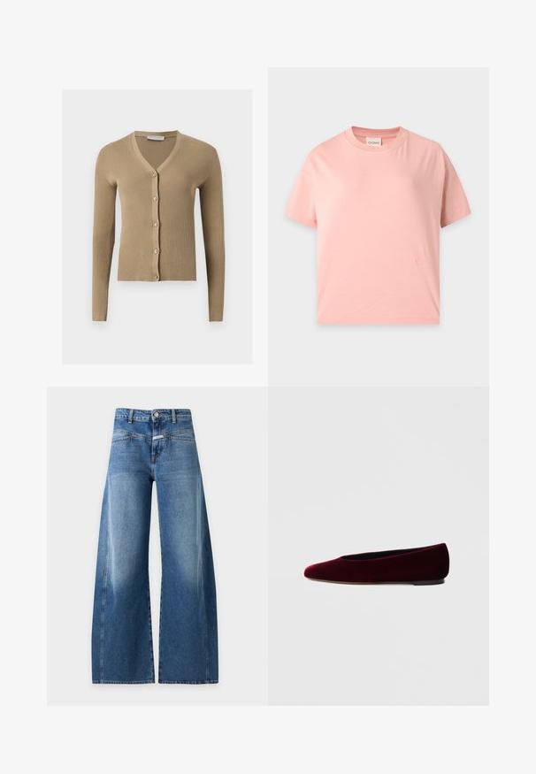 Cardigan beige en maille côtelée avec encolure en V, manches longues et cinq boutons à l'avant.; T-shirt à manches courtes rose clair avec un col rond, une coupe droite et un petit logo brodé ton sur ton près de l’ourlet inférieur.; Jean bleu à jambes larges, taille haute, fermeture à bouton et à zip, passants de ceinture et détails délavés à l'avant.; Ballerines en velours bordeaux avec un bout arrondi et un talon bas, présentant une texture lisse et un design élégant.