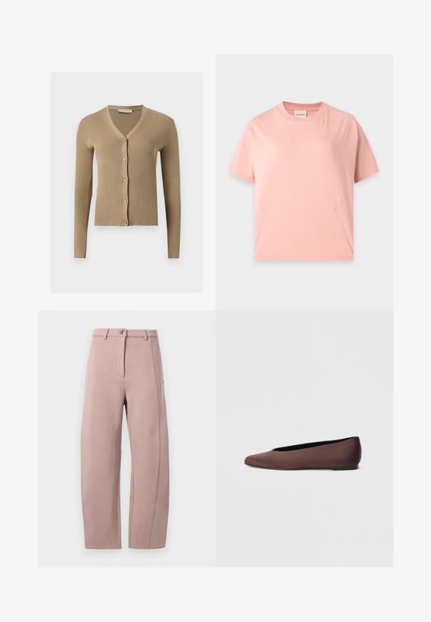 Cárdigan de punto beige acanalado con escote en V, mangas largas y cinco botones delanteros.; Camiseta de manga corta rosa claro, con cuello redondo, corte recto y un pequeño logotipo bordado en tono cerca del bajo.; Pantalones de tela suave y de un rosa claro, con corte recto, que presentan un cierre frontal con cremallera, un botón de cierre y bolsillos laterales. Textura suave con detalles de costura.; Zapatillas de ballet de tela marrón con punta puntiaguda y textura suave, con parte trasera baja y suela negra fina. Sin patrones visibles ni elementos metálicos.