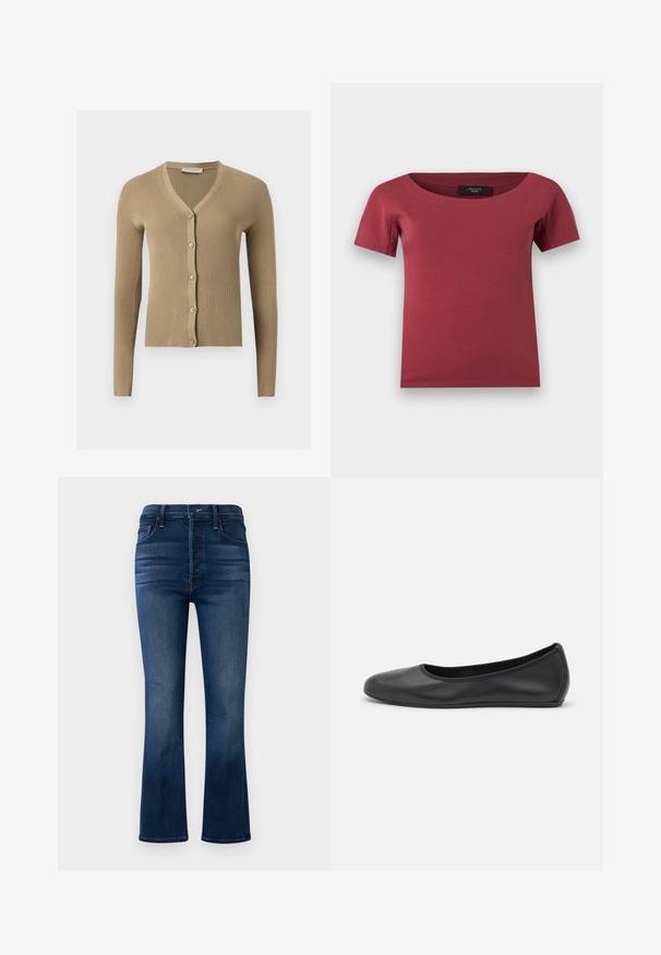 Beige ribstrikket cardigan med V-hals, lange ærmer og fem knapper foran.; Korte ærmer, mørk rosenrød dametop med bred rund hals og tætsiddende pasform, lagt fladt på en hvid baggrund.; Flared jeans i mørkeblåt denim. Har et højtaljet design, fem lommer og minimale syninger. Glat tekstur og ren finish.; Sort læderballetsko med rund tå, glat tekstur, minimal syning og et fleksibelt såldesign.