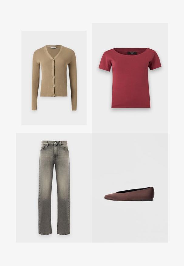 Beige ribstrikket cardigan med V-hals, lange ærmer og fem knapper foran.; Korte ærmer, mørk rosenrød dametop med bred rund hals og tætsiddende pasform, lagt fladt på en hvid baggrund.; Grå denimjeans med lige ben, der har et falmet mønster, fem lommer og stikninger langs sømme og talje.; Brune balletflade sko i stof med spids tå og glat tekstur, med lav hælkappe og tynd sort sål. Ingen synlige mønstre eller beslag.