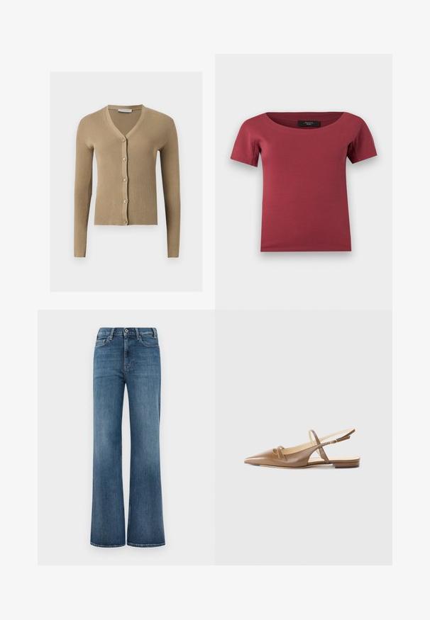 Beige ribstrikket cardigan med V-hals, lange ærmer og fem knapper foran.; Korte ærmer, mørk rosenrød dametop med bred rund hals og tætsiddende pasform, lagt fladt på en hvid baggrund.; Blå denimjeans med bred benklip, knap- og lynlåslukning samt for- og baglommer, præsenteret på en simpel hvid baggrund.; Brune lædersandaletter med spidse tæer, to smalle stropper og en lav hæl. Glat tekstur med en poleret finish.