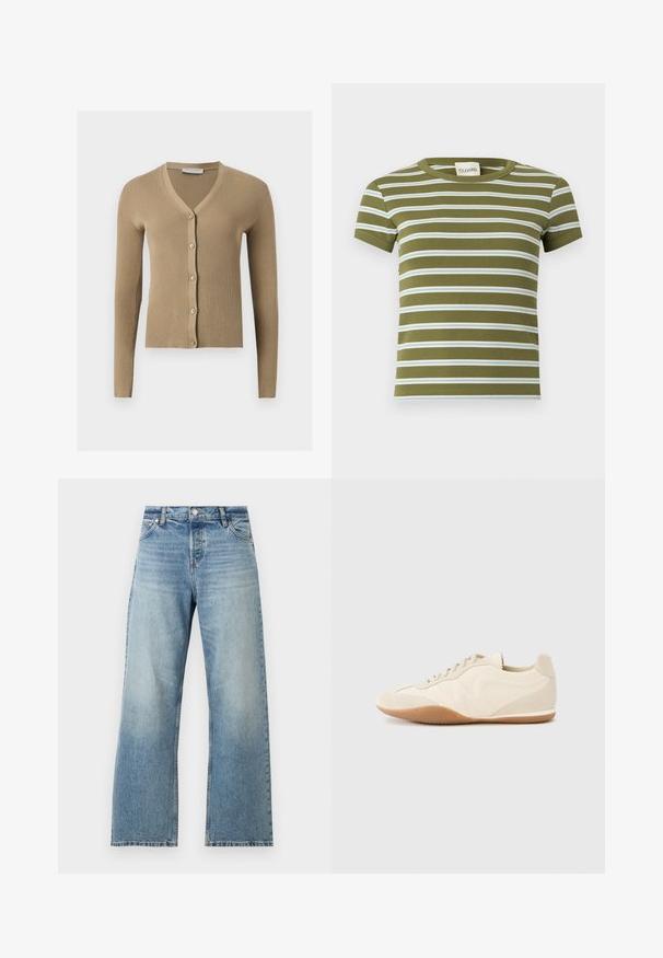 Cardigan beige en maille côtelée avec encolure en V, manches longues et cinq boutons à l'avant.; T-shirt côtelé vert olive à manches courtes avec des rayures blanches et bleu clair horizontales, col rond et étiquette de marque à l'intérieur du col.; Jean droit bleu clair avec un lavage délavé et un design classique à cinq poches, bouton à l'avant et passants de ceinture.; Baskets beige clair avec une tige en cuir texturé, des panneaux latéraux texturés et une semelle en caoutchouc. Dotées d'un design fin et épuré ainsi que de lacets plats.