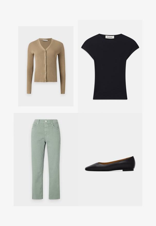 Beige ribstrikket cardigan med V-hals, lange ærmer og fem knapper foran.; Sort kortærmet top lavet af blødt stof, med rund halsudskæring og en tætsiddende form med diskrete skulderdetaljer. Mærke synligt.; Lys grønne bomuldsbukser med lige pasform, der har frontlommer, en knaplukning og diskrete syninger.; Sort læder flad sko med spids tå, lav hæl og glat finish, vist fra siden på en lysegrå baggrund.