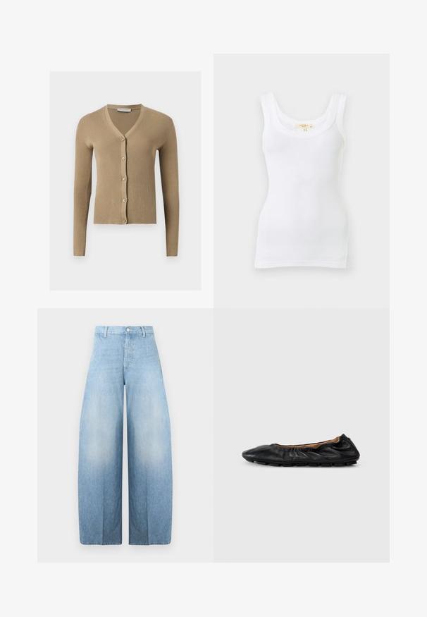 Beige ribstrikket cardigan med V-hals, lange ærmer og fem knapper foran.; Hvid ribstrikket ærmeløs tanktop med rund halsudskæring, vist fladt mod en lys baggrund.; Lyseblå cowboybukser med høj talje og vide ben, bæltestropper, forreste knap og lynlås, på hvid baggrund.; Sort læder balletflade med samlet detaljering ved kraven, rund tå og fleksibel gummisål. Glat tekstur hele vejen igennem.