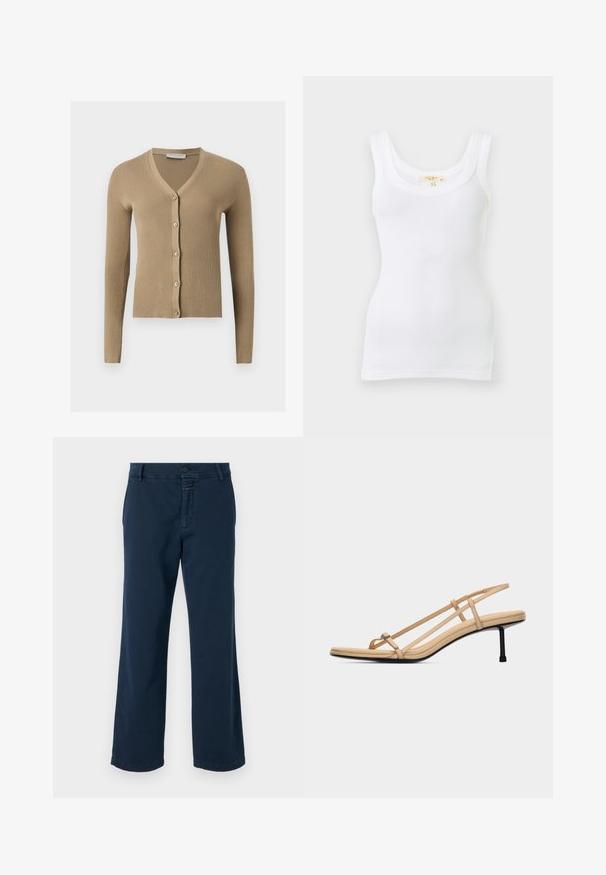 Cardigan beige en maille côtelée avec encolure en V, manches longues et cinq boutons à l'avant.; Débardeur blanc côtelé sans manches avec encolure dégagée, présenté à plat sur un fond clair.; CLOSED SERANDON - Pantalon classique - dark night; Sandale beige à lanières avec une fine boucle pour l'orteil, deux lanières latérales, une bride arrière, une semelle rembourrée et un talon noir élégant de hauteur moyenne.