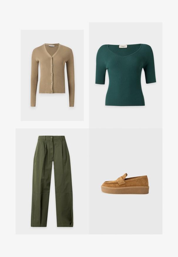 Cardigan beige en maille côtelée avec encolure en V, manches longues et cinq boutons à l'avant.; Haut en maille côtelée vert foncé à manches courtes, col en V et silhouette ajustée, posé à plat sur un fond neutre.; Pantalon taille haute vert olive à jambes droites avec passants de ceinture, fermeture par boutons, plis devant et détails de couture au genou.; Mocassin en daim brun à bout rond, avec une semelle plateforme striée et une bande décorative sur le dessus.
