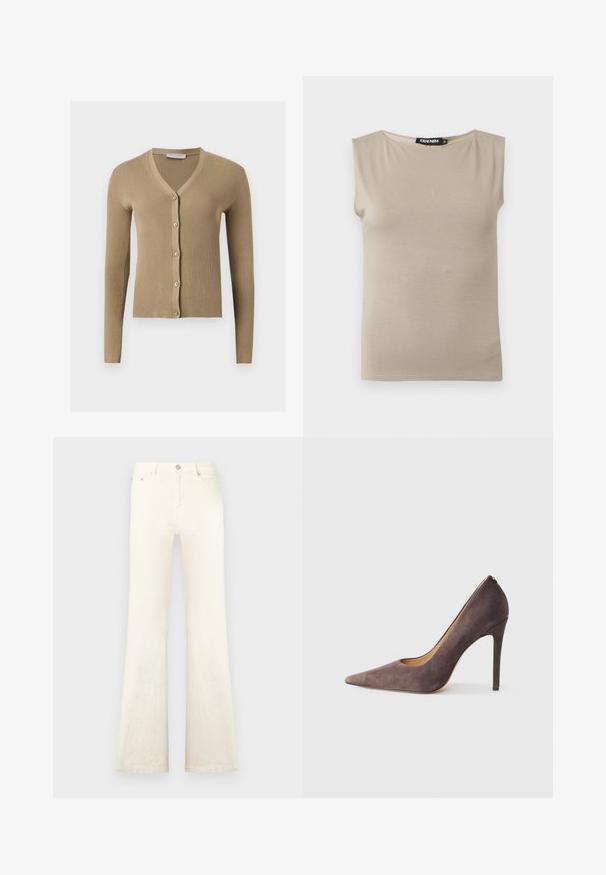 Cardigan beige en maille côtelée avec encolure en V, manches longues et cinq boutons à l'avant.; Haut beige en coton sans manches avec larges bretelles et col rond, taille moyenne, posé à plat sur fond blanc.; Jean en denim blanc évasé avec taille haute, doté de poches avant et d'une fermeture à bouton, texture lisse et détails de couture soignés.; Escarpin en daim gris à talon haut avec un bout pointu et une silhouette épurée. Présente une finition lisse et un talon étroit pour un look moderne.