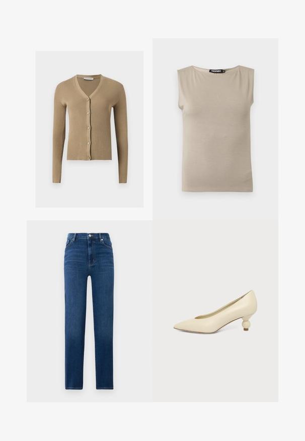 Beige geribbelde gebreide cardigan met V-hals, lange mouwen en vijf knopen aan de voorkant.; Beige mouwloze katoenen top met brede schouderbanden en ronde halslijn, maat medium, plat gelegd op een witte achtergrond.; Blauwe hoge taille rechte spijkerbroek met knoop- en ritssluiting, zijzakken en contrasterende stiksels op een witte achtergrond.; Dames schoen in roomkleur met een puntige neus en een lage, ronde balvormige hak op een effen achtergrond.