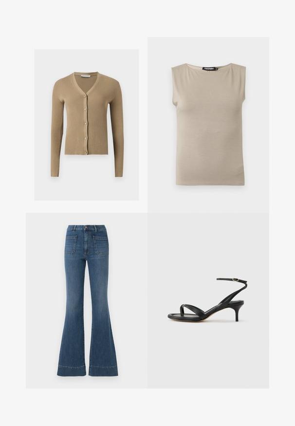 Beige Rippenstrick-Cardigan mit V-Ausschnitt, langen Ärmeln und fünf vorderen Knöpfen.; Beiges ärmelloses Baumwolltop mit breiten Schulterträgern und rundem Ausschnitt, Größe M, flach auf weißem Hintergrund liegend.; Ausgestellte blaue Jeans in mittlerem Waschungsstil mit hoher Taille, fünf Taschen und leichter Ausbleichung um die Knie und Oberschenkel.; Schwarze Ledersandale für Damen mit dünnen Riemchen, einer Zehenlasche, einer Knöchelschnalle und einem mittelhohen Stöckelabsatz vor neutralem Hintergrund.