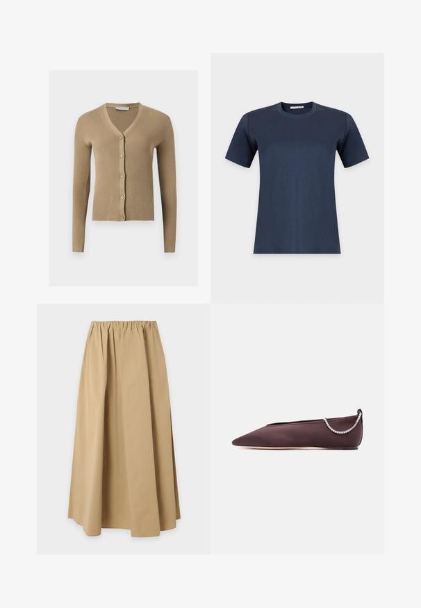 Cardigan beige en maille côtelée avec encolure en V, manches longues et cinq boutons à l'avant.; T-shirt bleu marine uni à manches courtes et col rond, présenté sur fond blanc.; Jupe beige longueur genoux avec taille élastiquée froncée, en tissu uni et lisse, présentée sur un fond clair uni.; Chaussure plate marron foncé à bout pointu avec un petit talon et un détail chaîne en strass argentée à l'arrière.