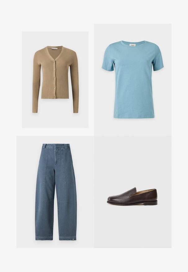 Cardigan beige en maille côtelée avec encolure en V, manches longues et cinq boutons à l'avant.; T-shirt bleu clair à manches courtes et col rond avec un design simple et uni, présenté sur fond blanc.; Pantalons en denim à jambes larges dans une teinte bleu clair, présentant une surface texturée, deux poches avant et des coutures robustes à l'ourlet.; Mocassins en cuir marron avec une texture lisse, bout arrondi, talon bas empilé et détails de couture minimalistes, sur fond blanc.