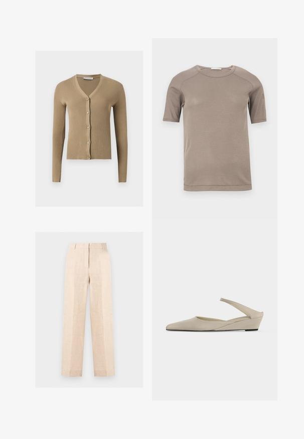 Cardigan beige en maille côtelée avec encolure en V, manches longues et cinq boutons à l'avant.; T-shirt beige à manches courtes avec col rond côtelé et coutures visibles aux manches et à l'encolure, présenté à plat sur un fond blanc.; Pantalon beige taille haute droit avec pli sur le devant, fermeture éclair dissimulée et passants de ceinture, présenté sur un fond clair uni.; Chaussure slingback beige à petit talon compensé, bout pointu et finition mate lisse, présentée de profil sur fond blanc.