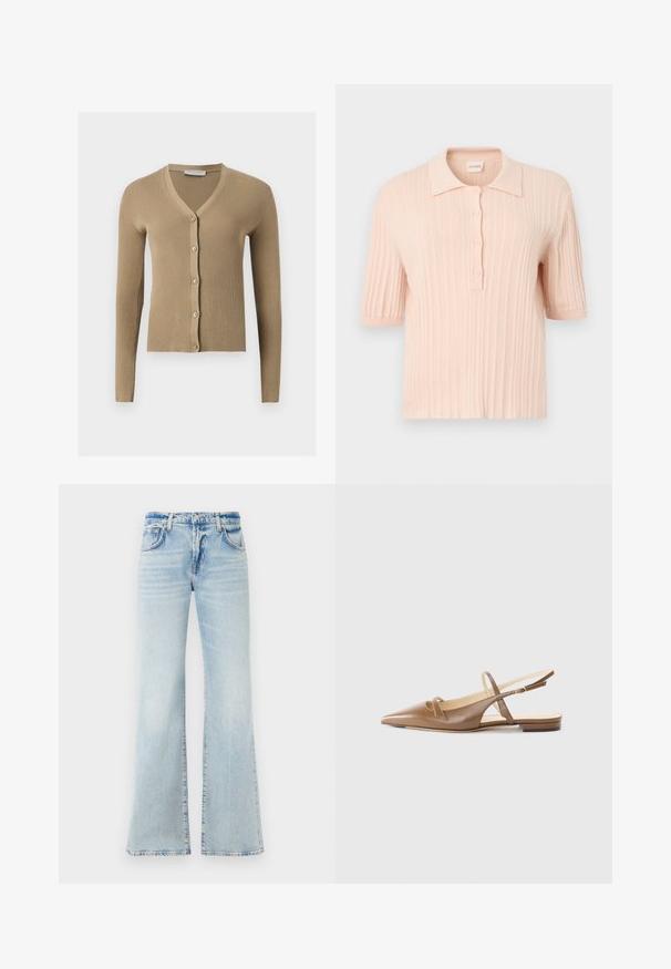 Beige värillinen ribbineulottu neuletakki V-aukolla, pitkillä hihoilla ja viidellä napilla edessä.; Vaaleanpunainen lyhythihainen neulottu poolopaita, jossa on resorinen rakenne, kolmen napin kiinnitys ja pehmeä kaulus. Sileä kangas, rento istuvuus.; Vyöruuhkan muotoiset vaaleansiniset denim-farkut, joissa on pehmeä rakenne, viisi taskua ja nappikiinnitys. Ominaisuuksiin kuuluu haalistumista kuluneen vaikutelman aikaansaamiseksi.; Ruske nahkasaappad, millel on terav nina, kaks kitsast rihma ja madal konts. Sile tekstuur ja poleeritud viimistlus.