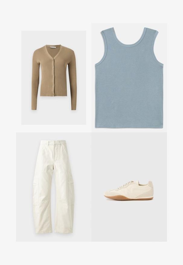 Beige geribbelde gebreide cardigan met V-hals, lange mouwen en vijf knopen aan de voorkant.; Lichtblauw tanktop van ribstof. Heeft een ronde halslijn en brede armsgaten. Platte naden aan de randen en een rechte zoom.; Beige cargobroek met een losse pasvorm, voorzien van meerdere opgestikte zakken, een ritsluiting en een gestructureerde afwerking. Gemaakt van duurzaam katoen.; Lichtbeige sneakers met een textuur van leer op het bovenwerk, getextureerde zijpanelen en een rubberen zool. Voorzien van een slank, gestroomlijnd ontwerp en platte veters.