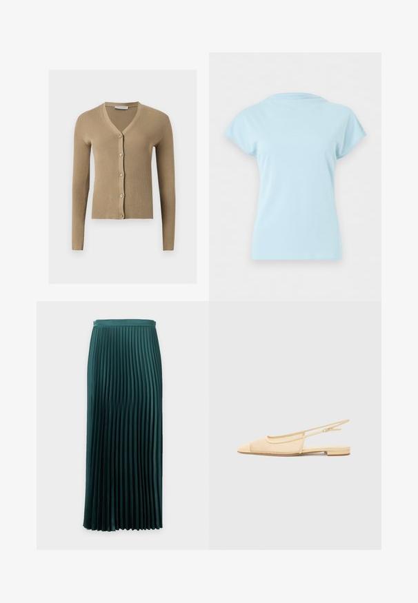 Cardigan beige en maille côtelée avec encolure en V, manches longues et cinq boutons à l'avant.; T-shirt bleu clair à manches courtes et col rond, présenté à plat sans logos ni motifs visibles sur un fond blanc uni.; Jupe plissée mi-longue vert foncé avec une taille ajustée et des plis verticaux uniformément espacés.; Chaussure plate slingback en beige clair avec une tige en maille, un bout pointu et un petit talon. Dotée d'une sangle ajustable pour un bon maintien.