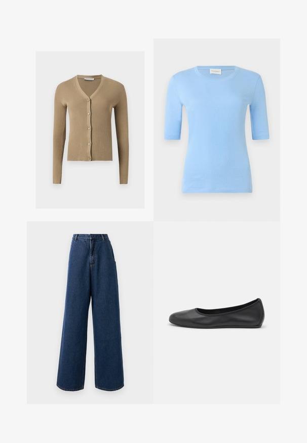 Cárdigan de punto beige acanalado con escote en V, mangas largas y cinco botones delanteros.; Camiseta de manga corta azul claro con cuello redondo, hecha de tela suave. Presenta una silueta ajustada y una textura lisa.; Jeans de tiro alto y pierna ancha en denim azul oscuro con cierre frontal de botón y cremallera, trabillas para cinturón y bolsillos laterales.; Bailarina de piel negra con punta redondeada, textura suave, detalle de costura minimalista y diseño de suela flexible.