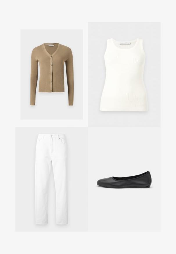 Cardigan beige en maille côtelée avec encolure en V, manches longues et cinq boutons à l'avant.; Débardeur blanc côtelé sans manches avec encolure ronde, coupe ajustée, et étiquette de la marque à l'intérieur du col arrière.; Jean denim blanc à jambes droites avec poches avant, passants pour ceinture et fermeture par bouton, présenté sur un fond blanc uni.; Ballerines en cuir noir avec un bout rond, texture lisse, détails de couture minimalistes et design de semelle flexible.